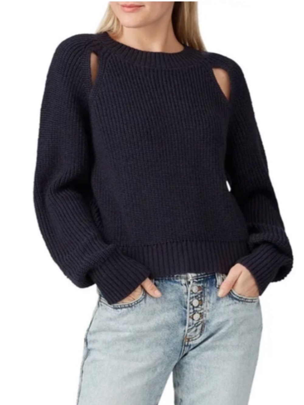 Vox lux blue wool knit slash shoulder sweater